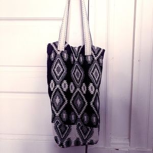 Handwoven geometric black and white tote bag